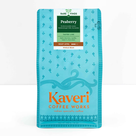 Single origin, Specialty Indian Peaberry Coffee. Tasting notes include cherry vanilla, baker's chocolate with a velvety mouthfeel.
