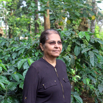 Woman standing among coffee plants in a coffee farm