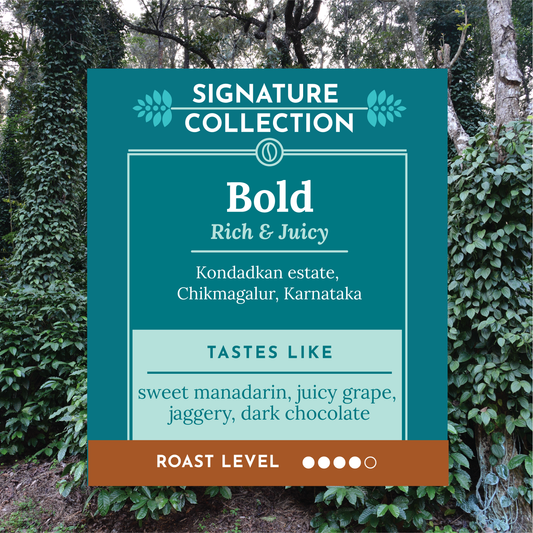 A teal and brown product label for 'Bold' from the 'Signature Collection' is superimposed over a background photo of a lush green vineyard.