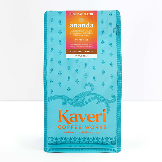Ananda Holiday Blend - Tastes like black currant, toasted nuts, cherry chocolate, date syrup. Single origin, Indian specialty coffee
