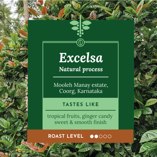A dark green product label for 'Excelsa Natural process' from Mooleh Manay estate, Coorg, Karnataka, displayed against a background of green and orange coffee plant leaves. The label details the taste profile as tropical fruits, ginger candy, sweet, and smooth, and indicates a roast level of 100% natural.