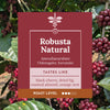 Amruthavarshini Robusta Natural. Single origin, Specialty Indian Coffee. Tasting notes include black cherry, dried fig, roasted almond, orange zest with full-bodied and smooth finish.