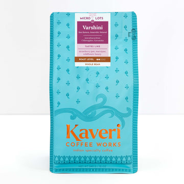 Amruthavarshini San Ramon Natural. Single origin, Specialty Indian Coffee. Tasting notes include mixed berry jam, marzipan, wildflower honey, smooth and balanced cup, harmonious blend of fruity and nutty sweetness.