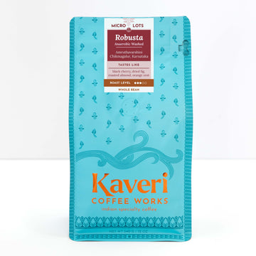 Kaveri Coffee Works coffee package with blue design and orange text on a white background